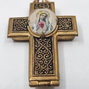 Vintage Czech Catholic Reliquary Cross Devotional Locket Sacred Heart Mary